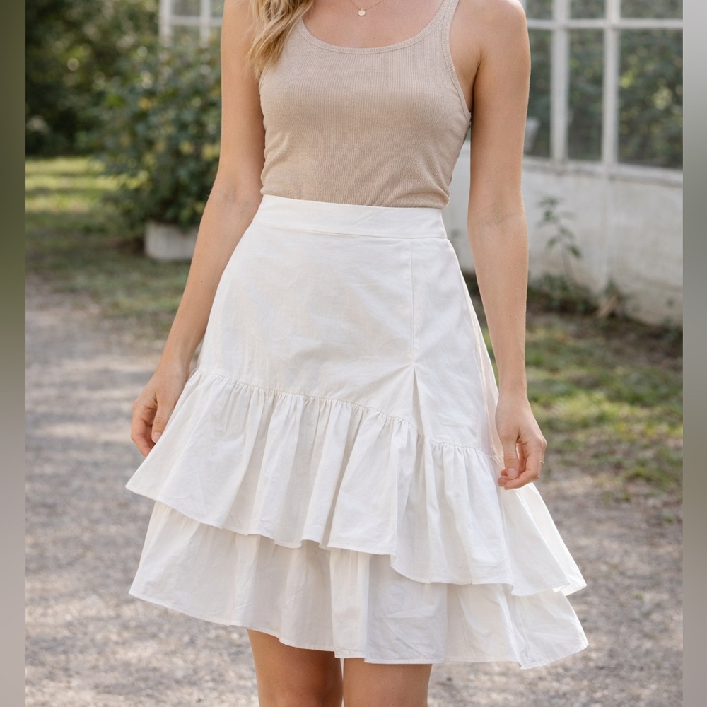 J.O.A. White Ruffled Midi Skirt